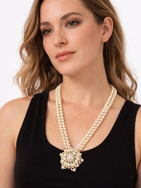 Vintage Faux Pearl Statement Necklace Double Strand Gold Tone Beaded Floral